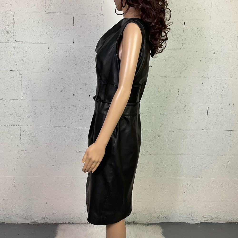 Armani Collezioni Black Lamb Leather Belted Moto Elegant Sheath Dress 10 - Picture 6 of 10